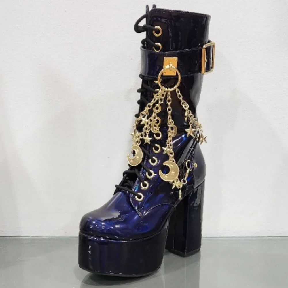 🦋🔥💋HOT ITEM! 💋🦋🔥Holographic Midnight Blue Moon & Star Chain Leather Boots